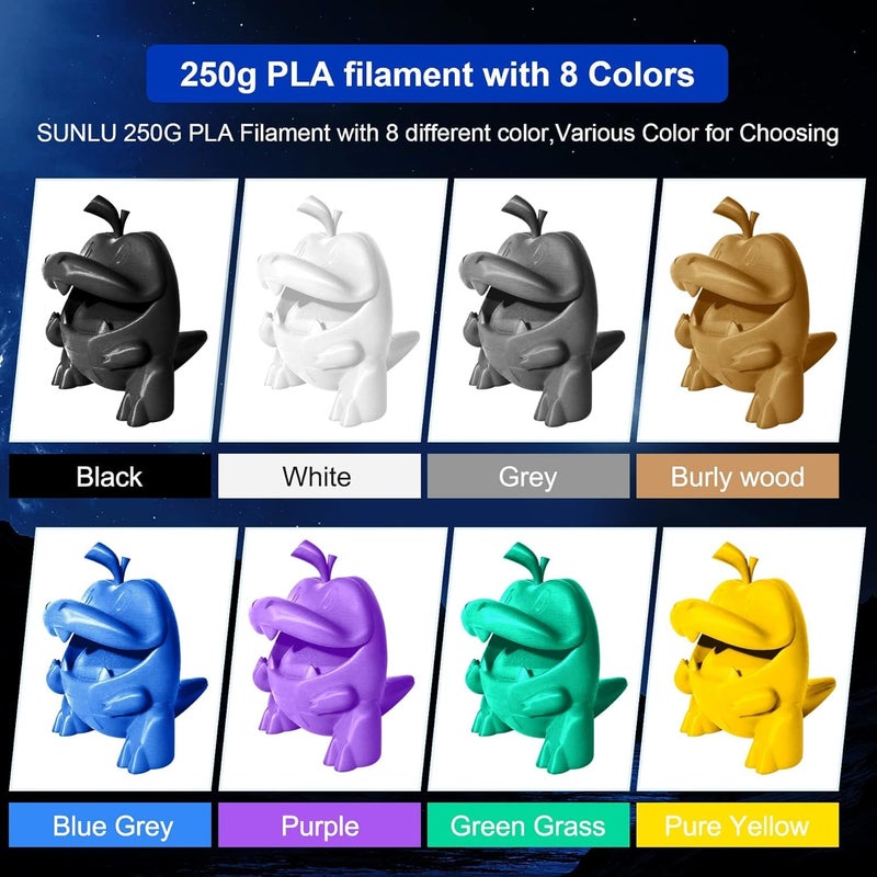 Sunlu PLA Filament 1.75mm Bundle, 3D Printer Filament Bundle 250g, 8 Rolls, 2kg Total, Black+White+Wood(Oak)+Beige+Yellow+Pink+Lavender Purple+Olive Green - Image 3
